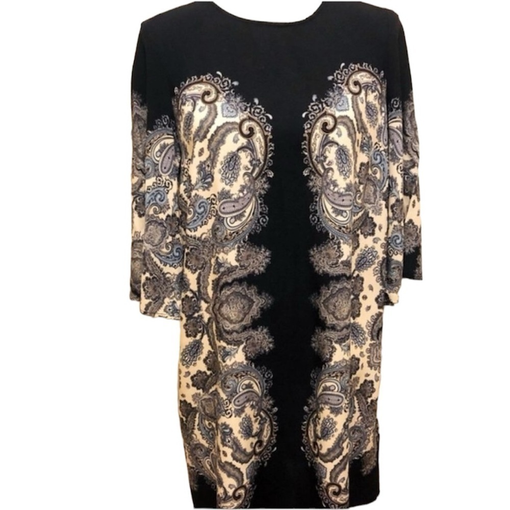 H&M Dress Blue and Ivory Paisley Contour Shift Flare Sleeve size 6